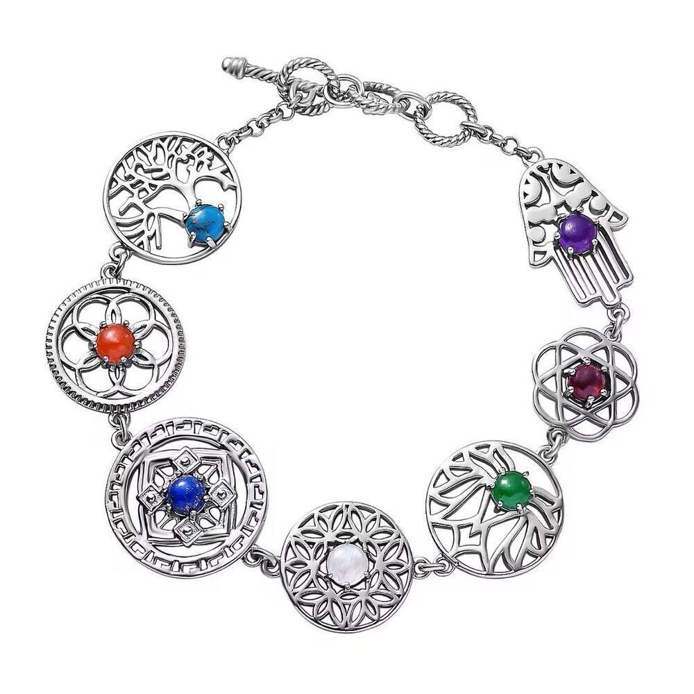 Multi Gemstone 4.35 ctw Adjustable Bracelet in Platinum Bond (7.25 In) New